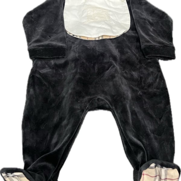 Burberry One Piece with Snap-On Bib Size 6M Black Velour Check Collar