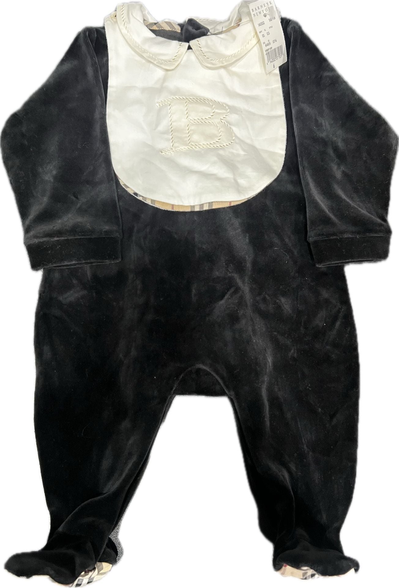 Burberry One Piece with Snap-On Bib Size 6M Black Velour Check Collar 4