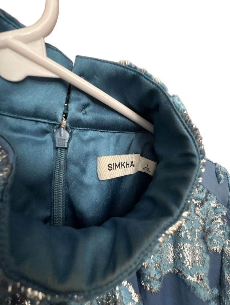 SIMKHAI Halen Mini Dress Size 2 Blue Celestial Velvet Floral Mock Neck 9