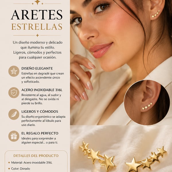 Aretes Estrellas 316L Stainless Steel Gold Star Crawler Earrings