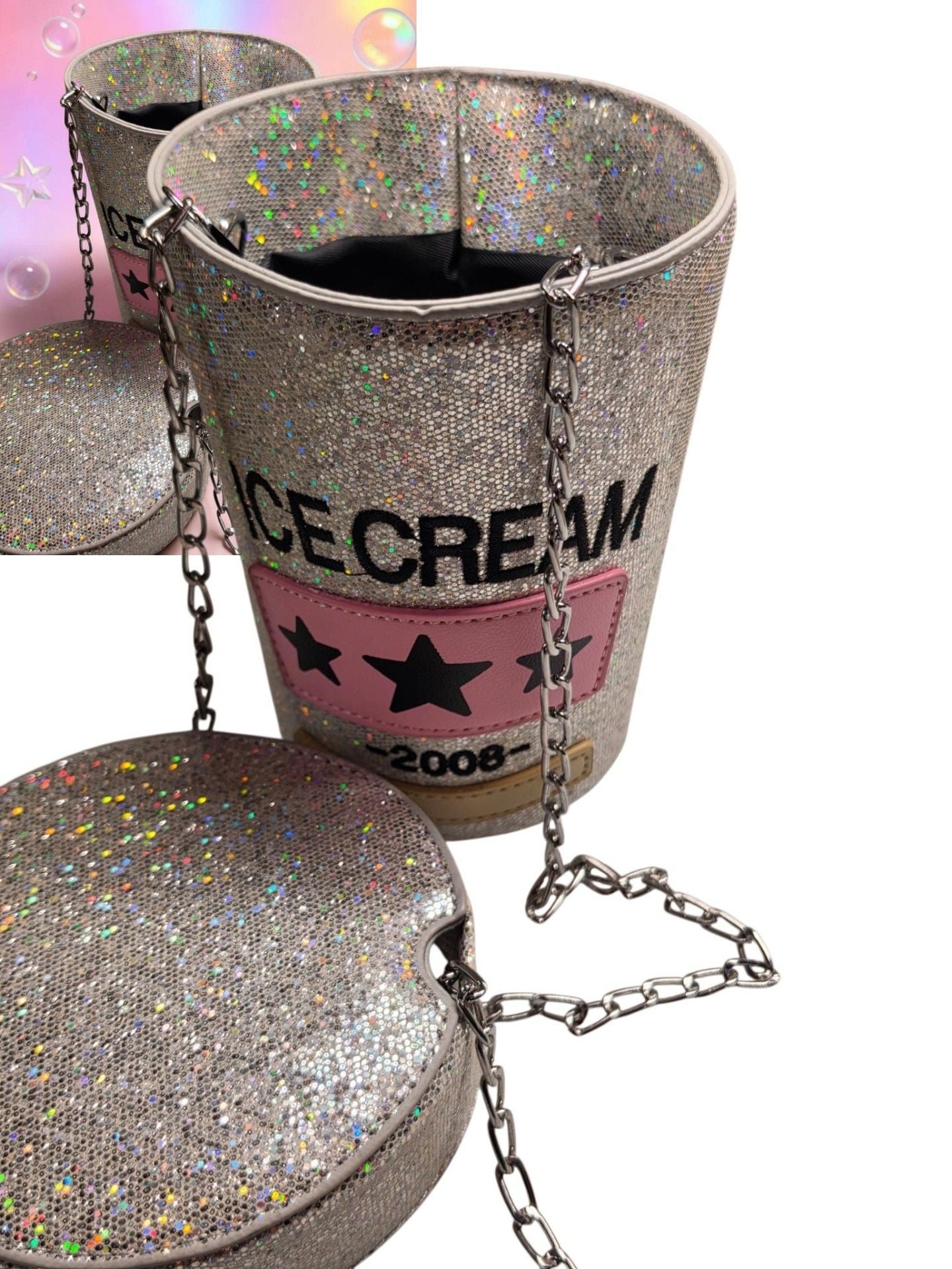 Hello 3Am Ice Cream Cup Crossbody Bag Silver Glitter 2008 10