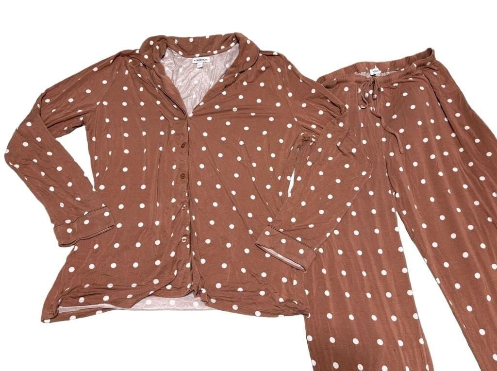 Nordstrom Pajama Set Size L Brown White Polka Dot Lounge Sleepwear 1