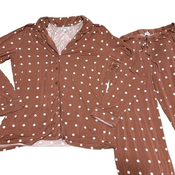 Nordstrom Pajama Set Size L Brown White Polka Dot Lounge Sleepwear