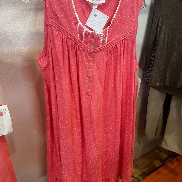 Eileen West Nightgown Size L Coral White Dot Petal Soft Pima Cotton