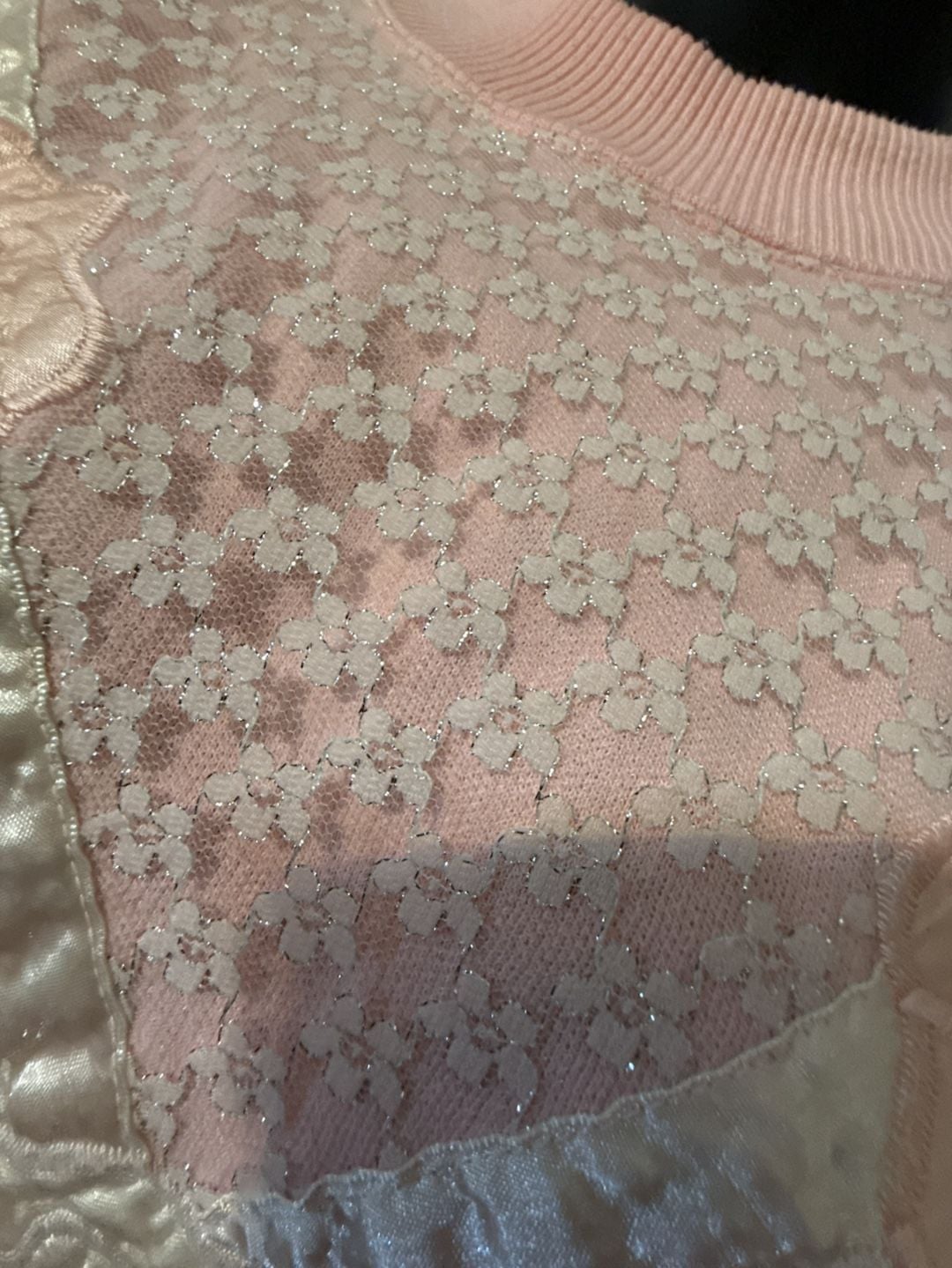 Traffic Jam Sweatshirt Sz L Pink Vintage Lace Overlay Rose Pullover Granny Vtg  8