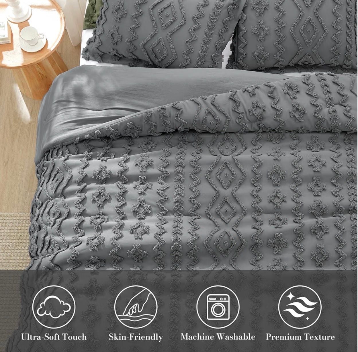 Amélie Home Tufted Boho Comforter Set King Size Charcoal Gray 3 Pieces 2