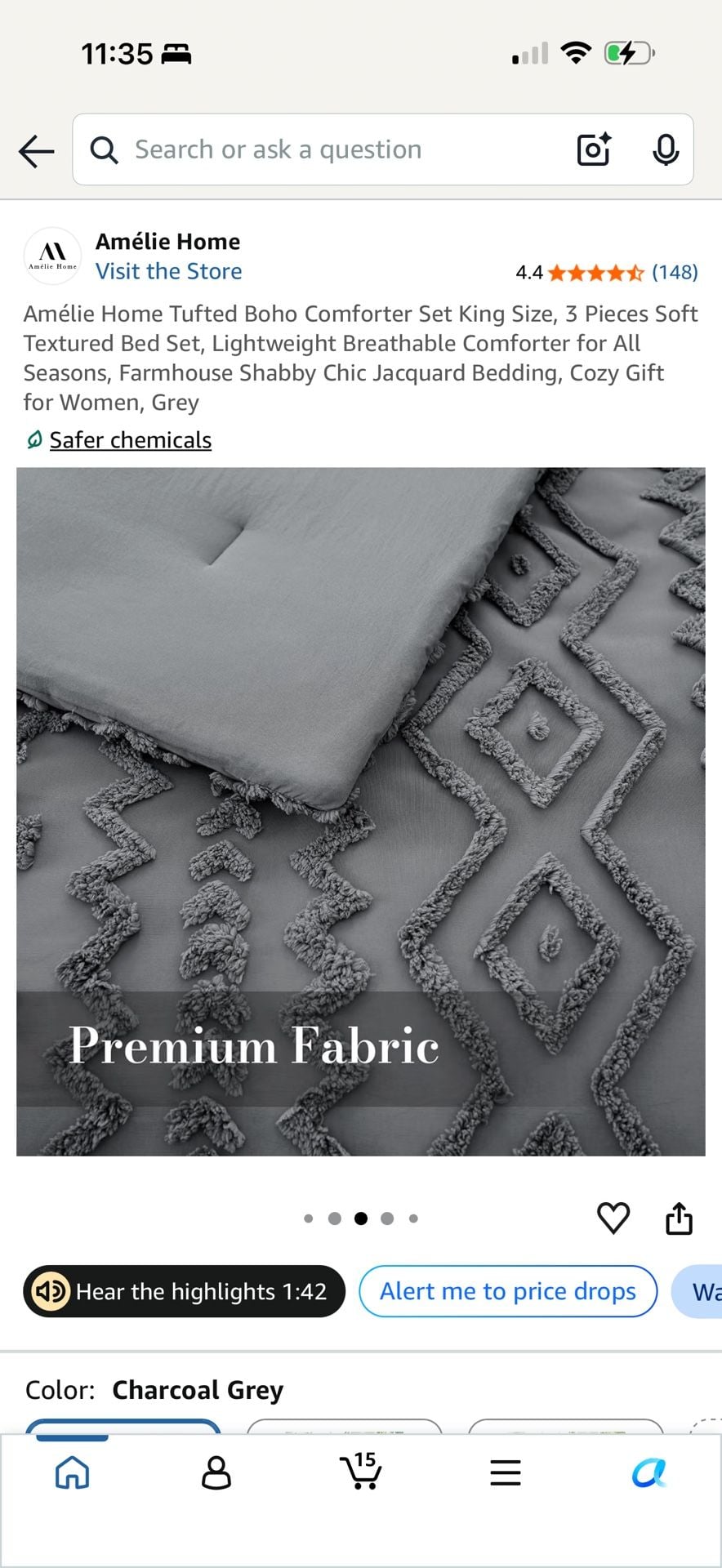 Amélie Home Tufted Boho Comforter Set King Size Charcoal Gray 3 Pieces 6