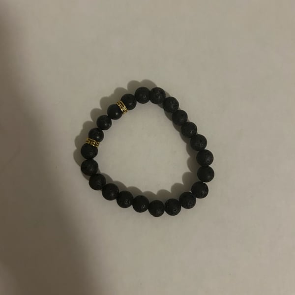 Unbranded Black Lava Stone Beaded Bracelet Gold Accent Volcanic Rock