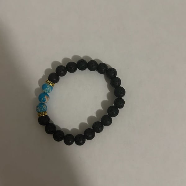 Black Lava Rock and Blue Imperial Jasper Beaded Stretch Bracelet