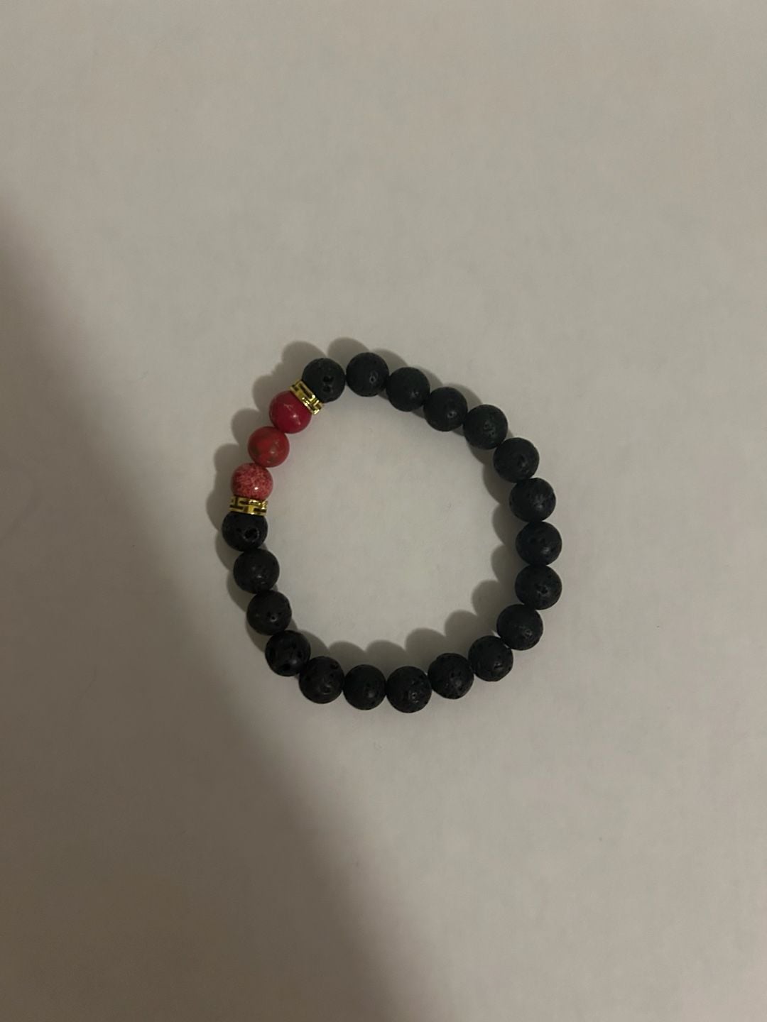 Black Lava Rock and Red Beaded Bracelet Black Red Gold 2