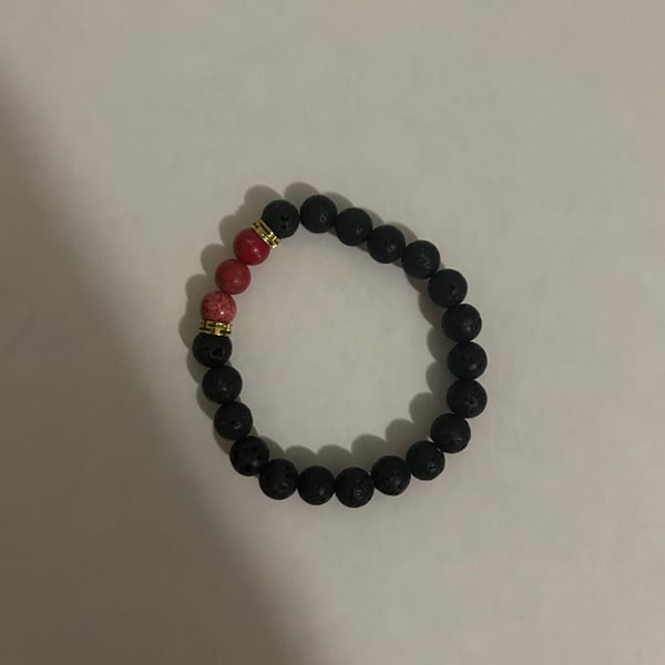 Black Lava Rock and Red Beaded Bracelet Black Red Gold