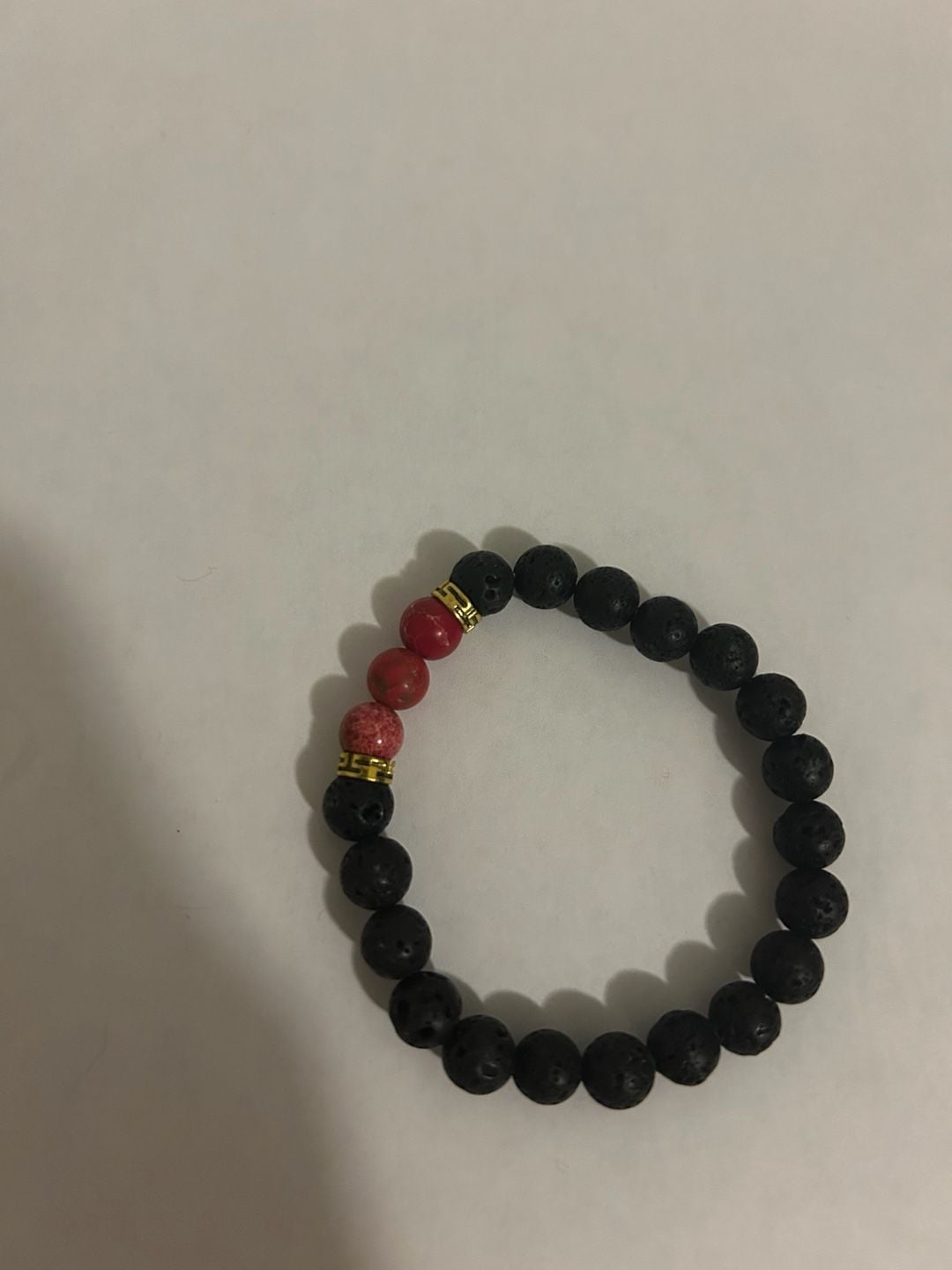 Black Lava Rock and Red Beaded Bracelet Black Red Gold 6
