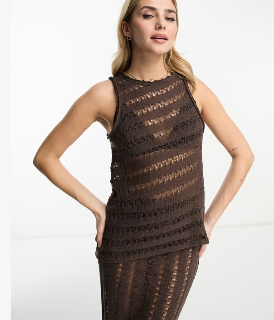 Pull&Bear Knit Tank Top Size XS Brown Distressed Asymmetric Sleeveless 2