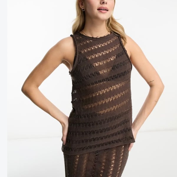  Pull&Bear Knit Tank Top Size XS Brown Distressed Asymmetric Sleeveless