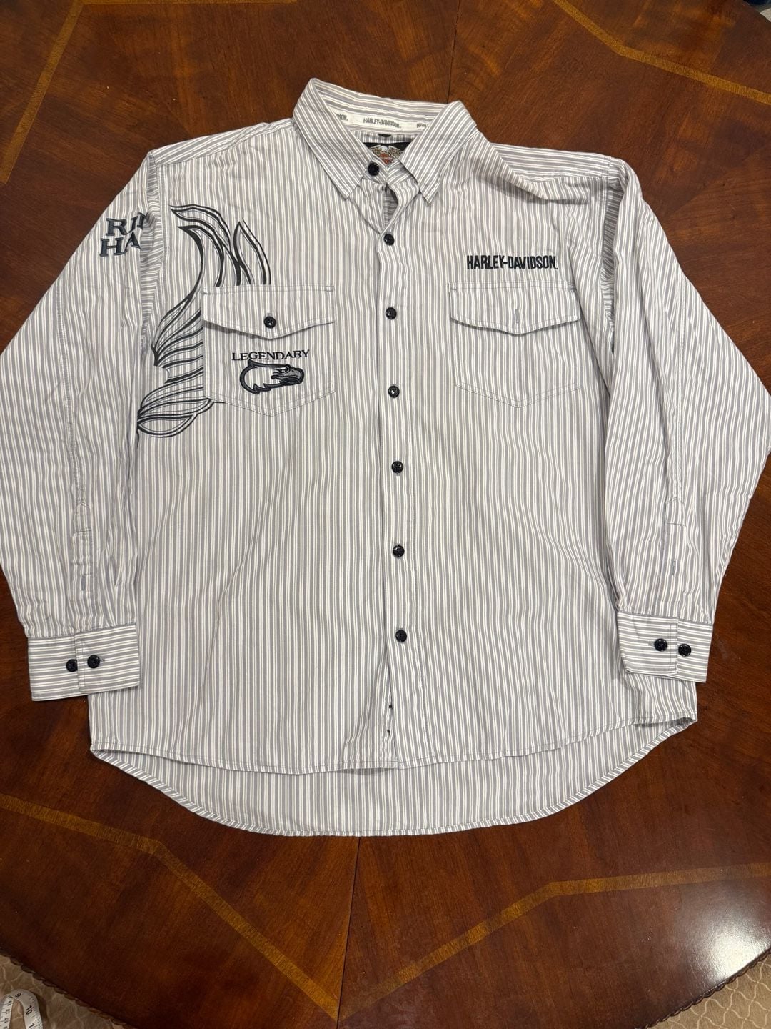 Harley-Davidson Long Sleeve Striped Button Up Shirt White Gray 3