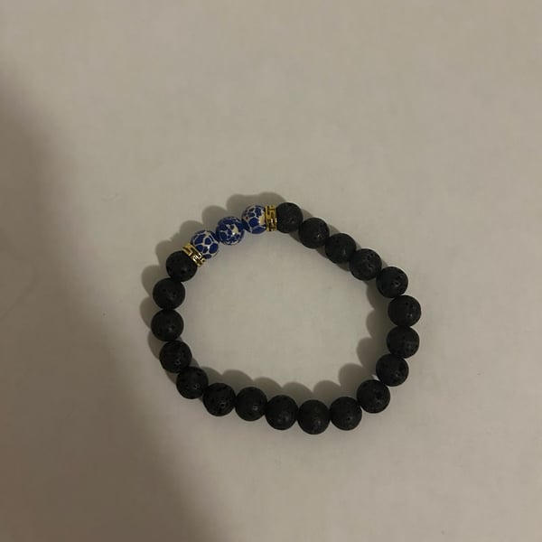 Black Lava Rock and Blue Regalite Stone Bead Bracelet