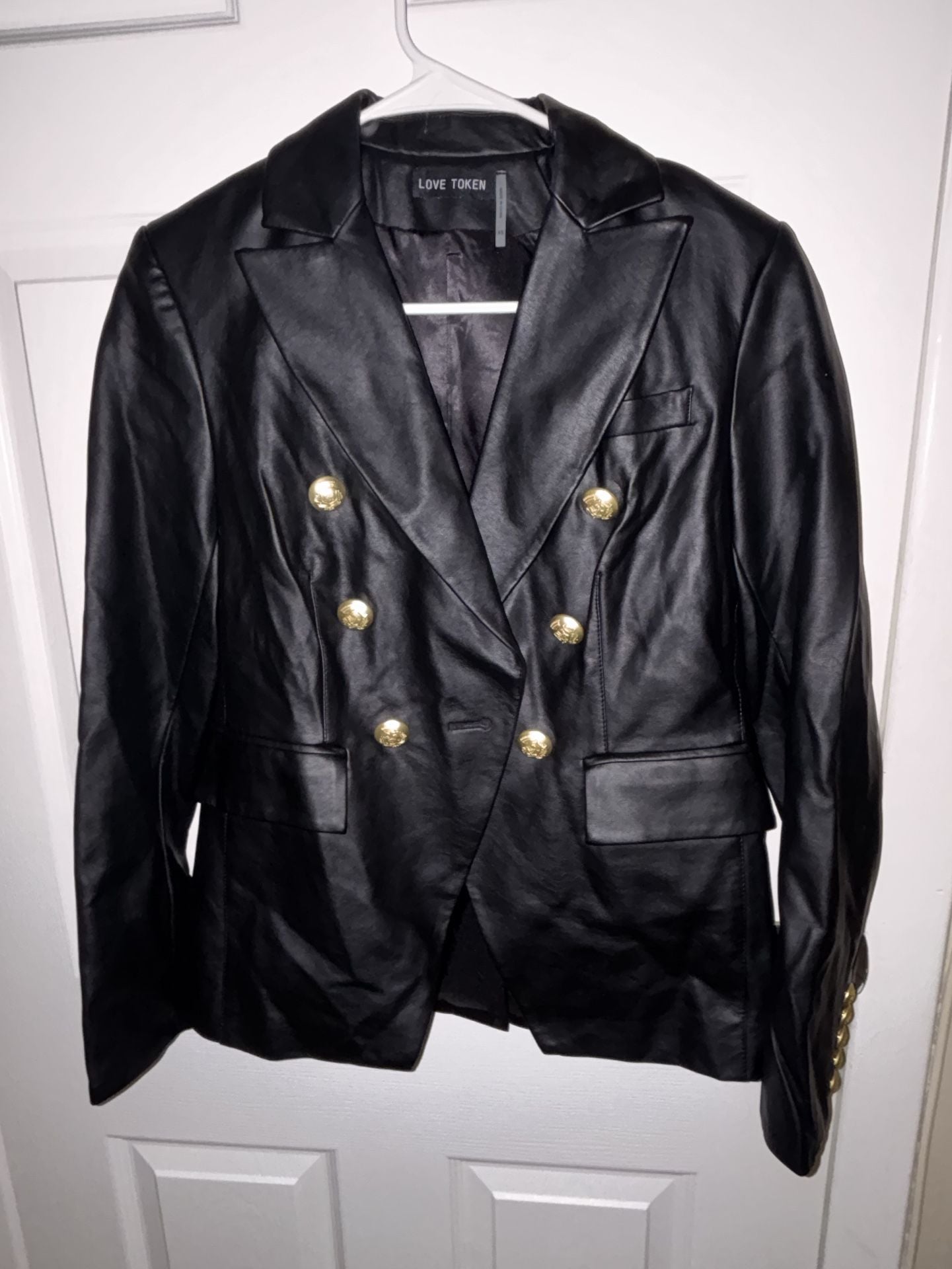 Love Token Faux Leather Blazer Size XS Black Gold 2