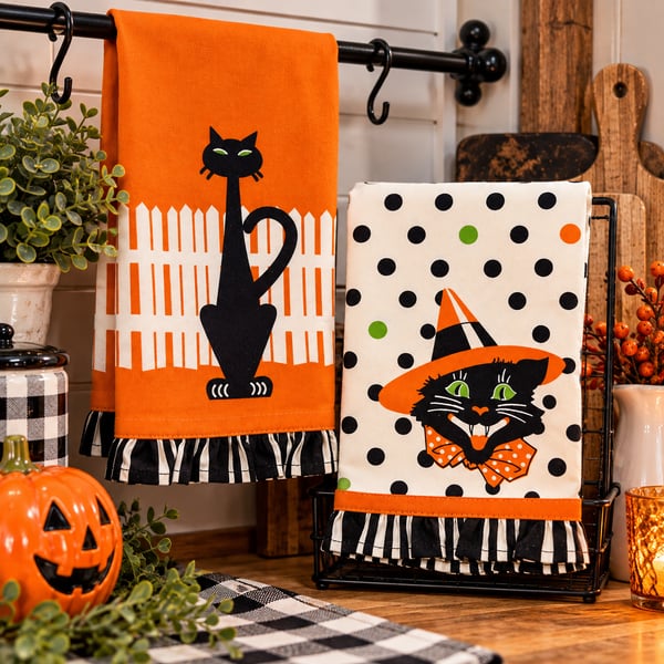 Moda Home Halloween Black Cat Witch Kitchen 27βTea Towels Set Cats XL Retro Vtg