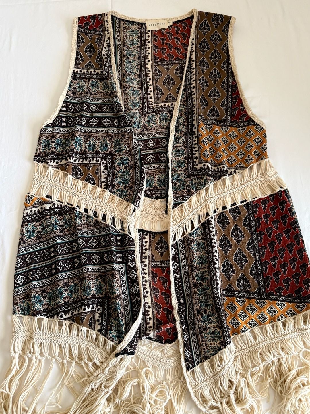Dreamers Vest Size L Bohemian Boho Mosaic Print Fringe Crochet Open Front 2