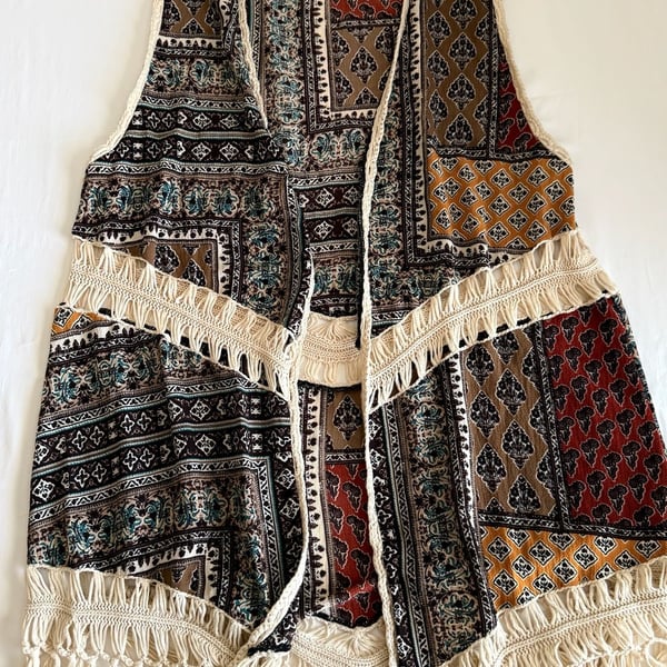 Dreamers Vest Size L Bohemian Boho Mosaic Print Fringe Crochet Open Front