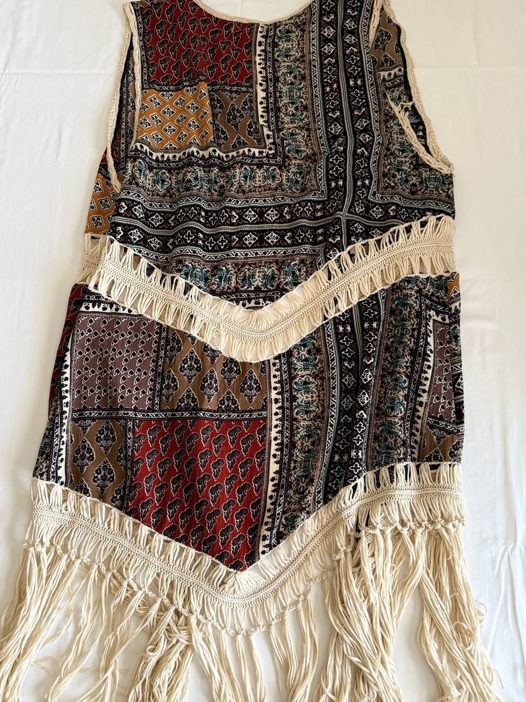 Dreamers Vest Size L Bohemian Boho Mosaic Print Fringe Crochet Open Front 3