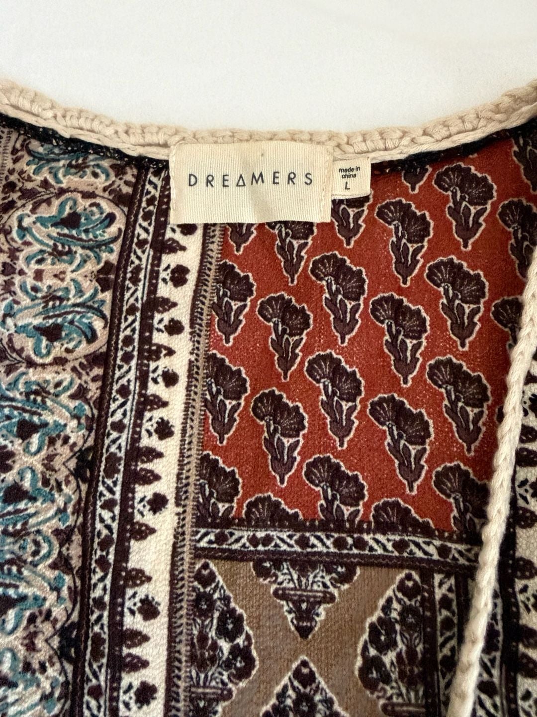 Dreamers Vest Size L Bohemian Boho Mosaic Print Fringe Crochet Open Front 4