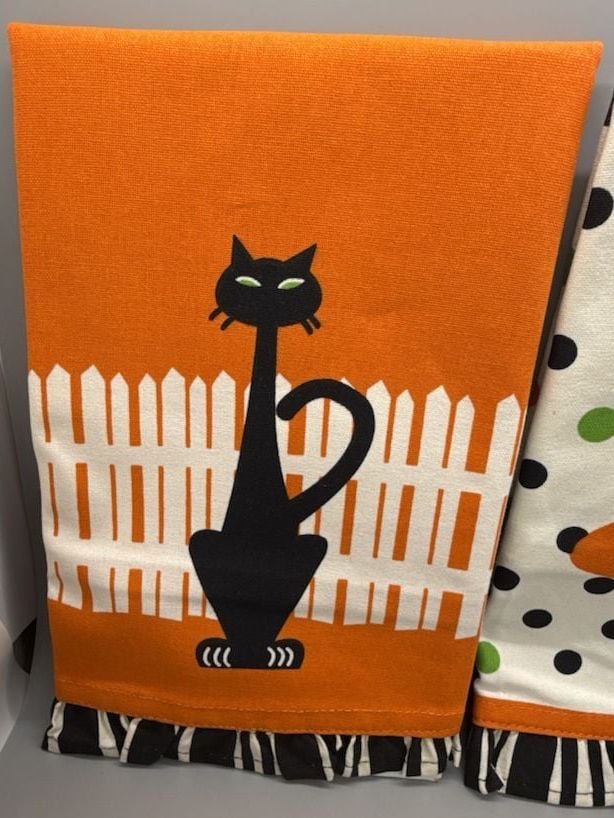 Moda Home Halloween Black Cat Witch Kitchen 27”Tea Towels Set Cats XL Retro Vtg 8