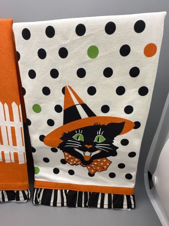 Moda Home Halloween Black Cat Witch Kitchen 27”Tea Towels Set Cats XL Retro Vtg 7
