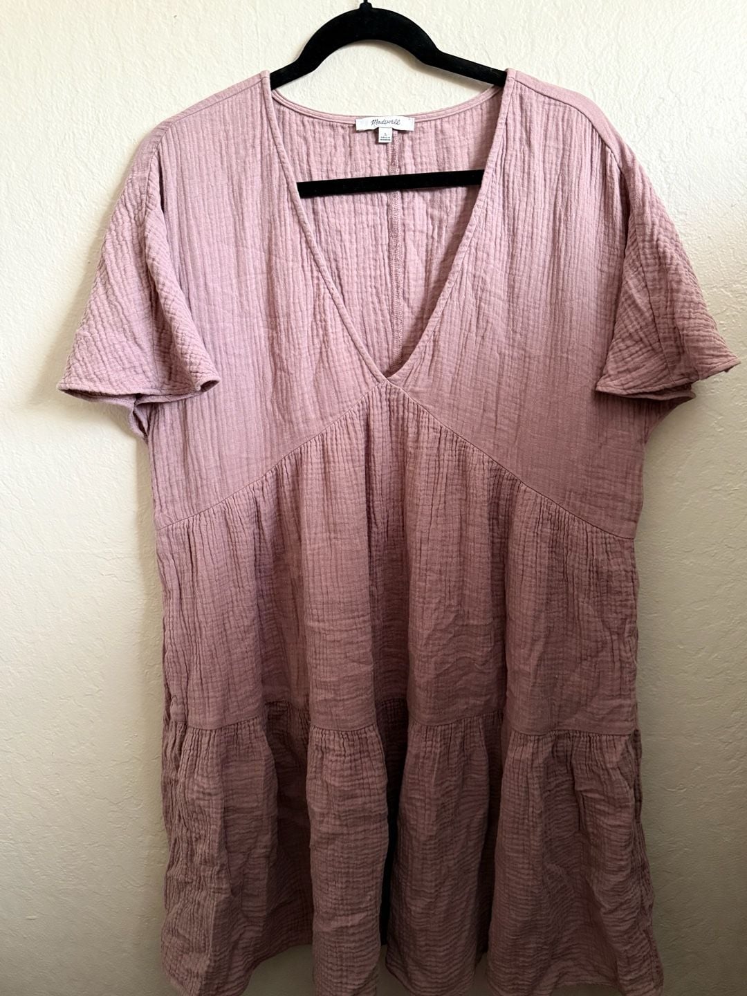 Madewell Lightspun Popover Tiered Mini Dress Size L Mauve Gauze Cotton coquette 2