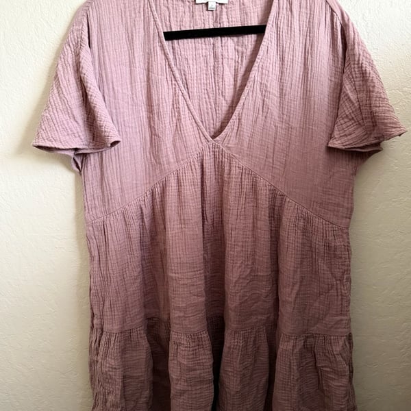 Madewell Lightspun Popover Tiered Mini Dress Size L Mauve Gauze Cotton coquette