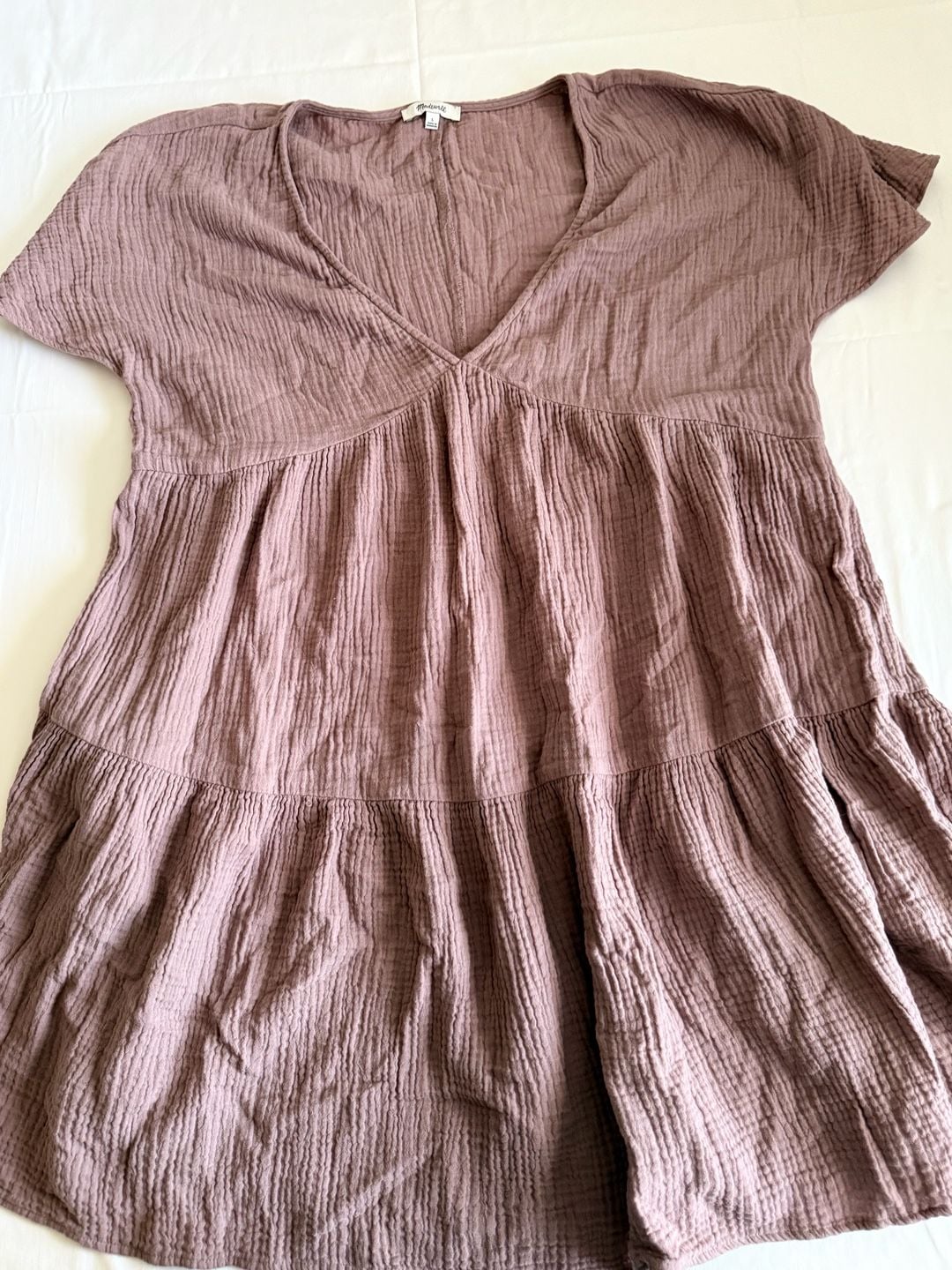 Madewell Lightspun Popover Tiered Mini Dress Size L Mauve Gauze Cotton coquette 3