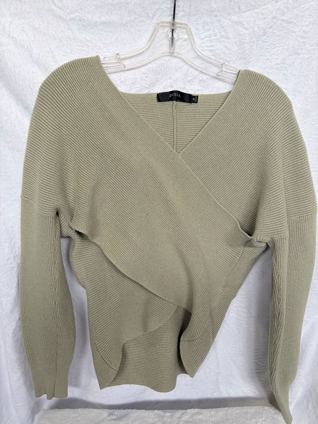 ZCSIA Wrap Sweater Size M Green Criss Cross V-Neck Ribbed Pullover 2