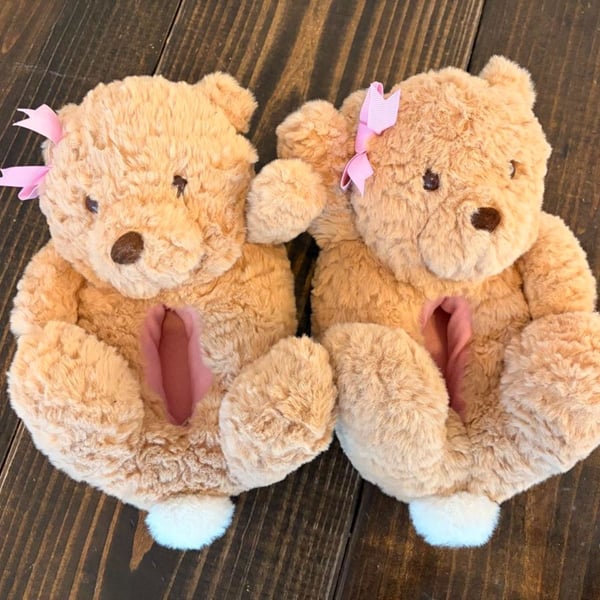 Wonder Nation Teddy Bear Slippers Size 11-12 Tan Plush Pink Bow