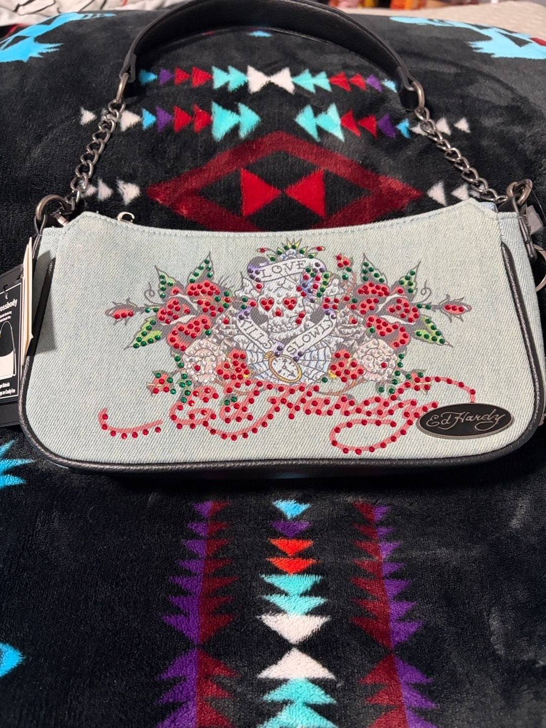 Ed Hardy Love Kills Slowly Denim Crossbody Bag red Rhinestone 2