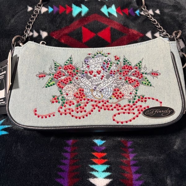 Ed Hardy Love Kills Slowly Denim Crossbody Bag red Rhinestone