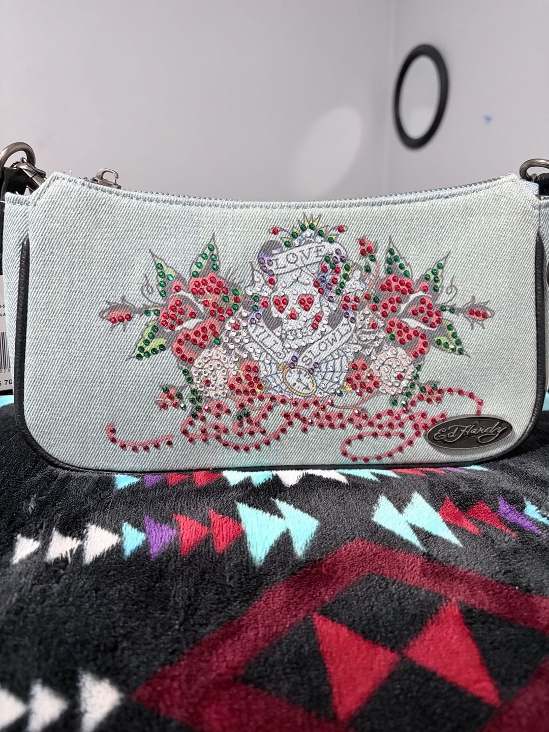Ed Hardy Love Kills Slowly Denim Crossbody Bag red Rhinestone 3