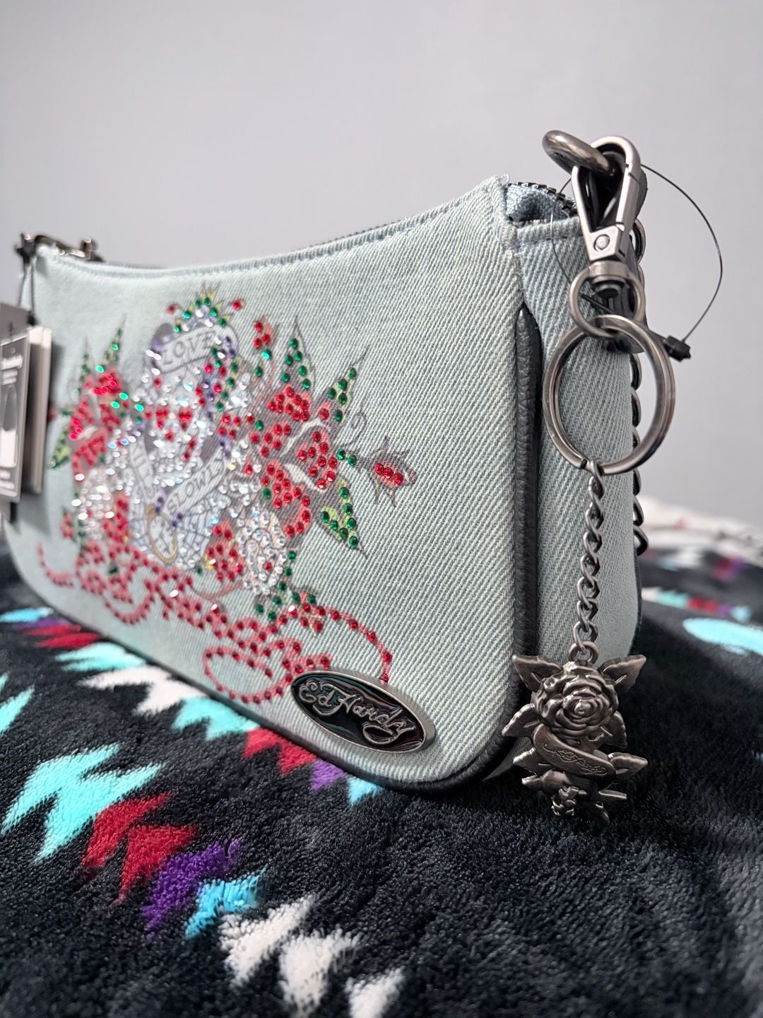 Ed Hardy Love Kills Slowly Denim Crossbody Bag red Rhinestone 6