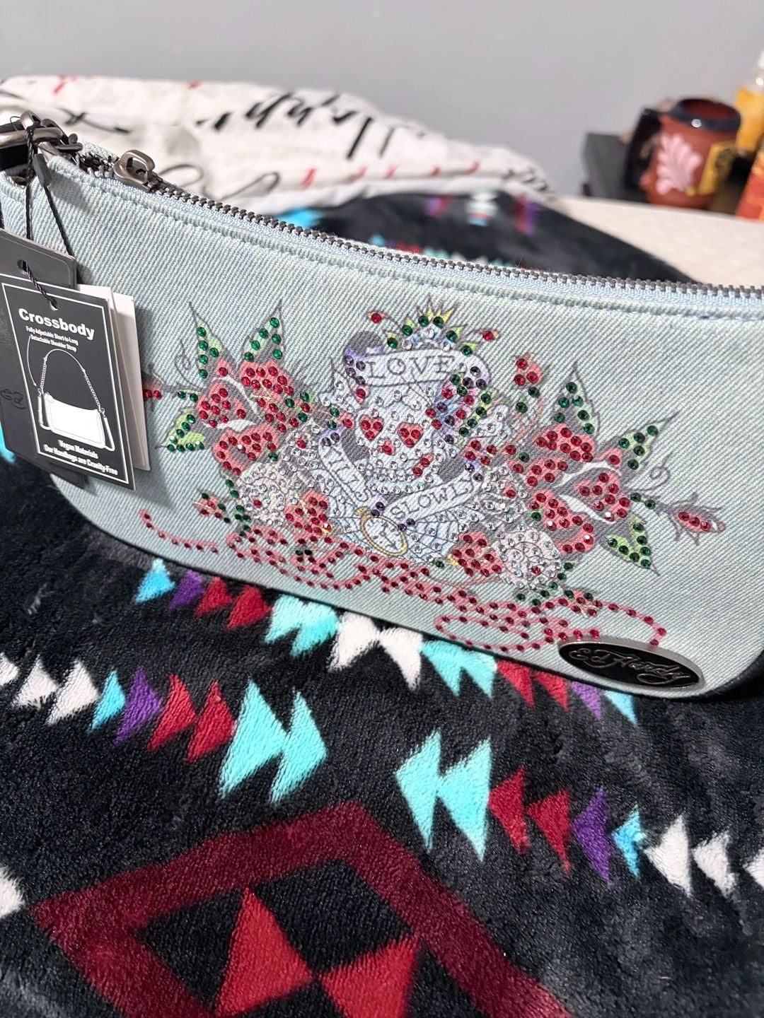 Ed Hardy Love Kills Slowly Denim Crossbody Bag red Rhinestone 7