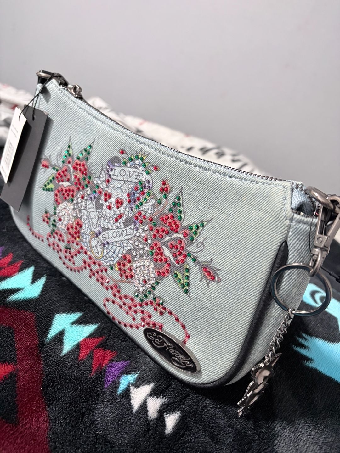 Ed Hardy Love Kills Slowly Denim Crossbody Bag red Rhinestone 8