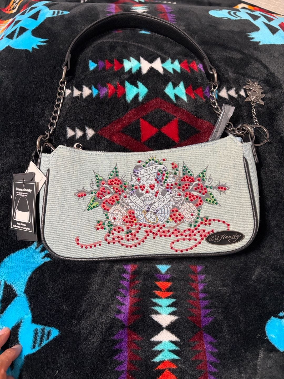 Ed Hardy Love Kills Slowly Denim Crossbody Bag red Rhinestone 9