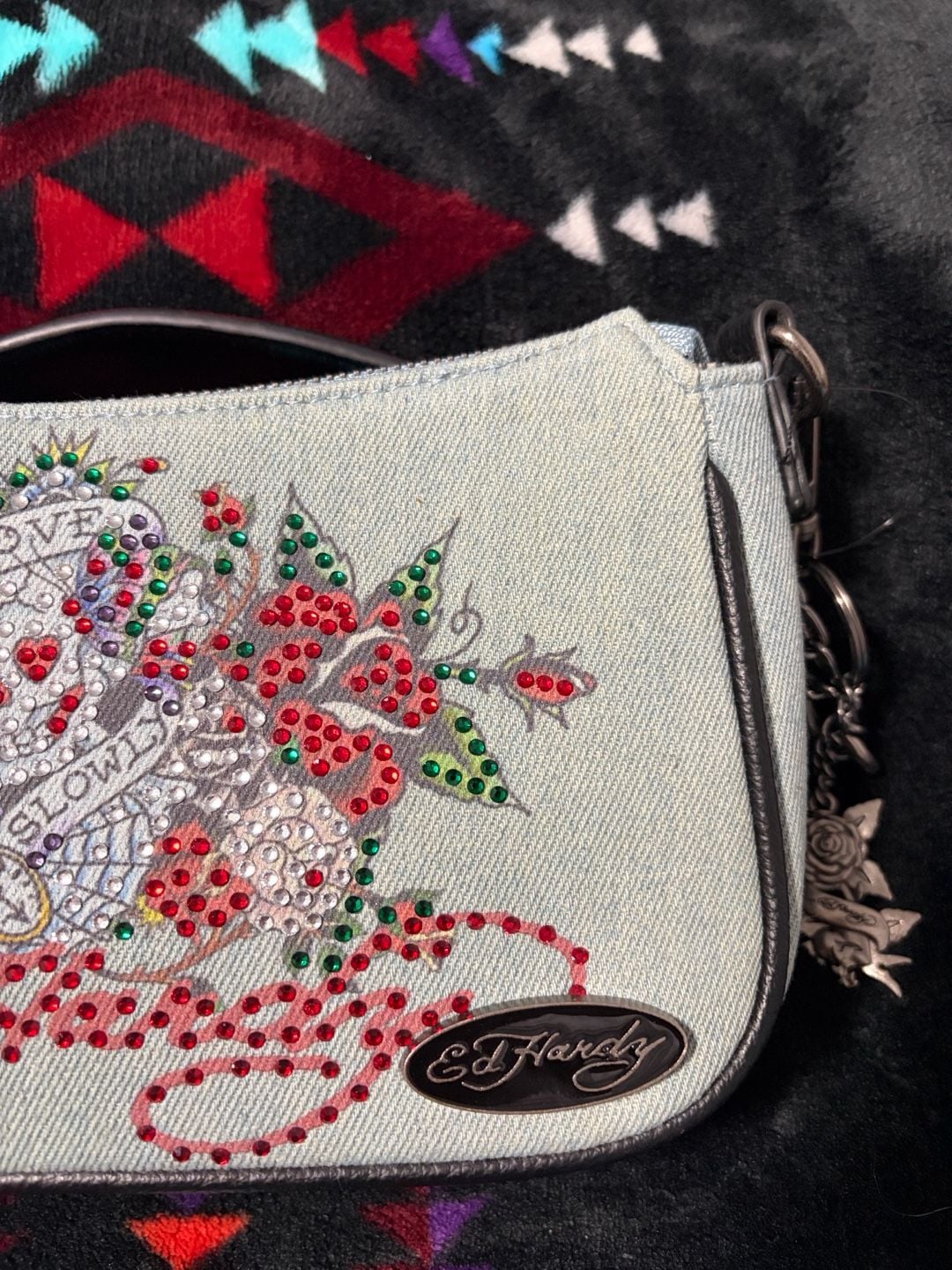 Ed Hardy Love Kills Slowly Denim Crossbody Bag red Rhinestone 10