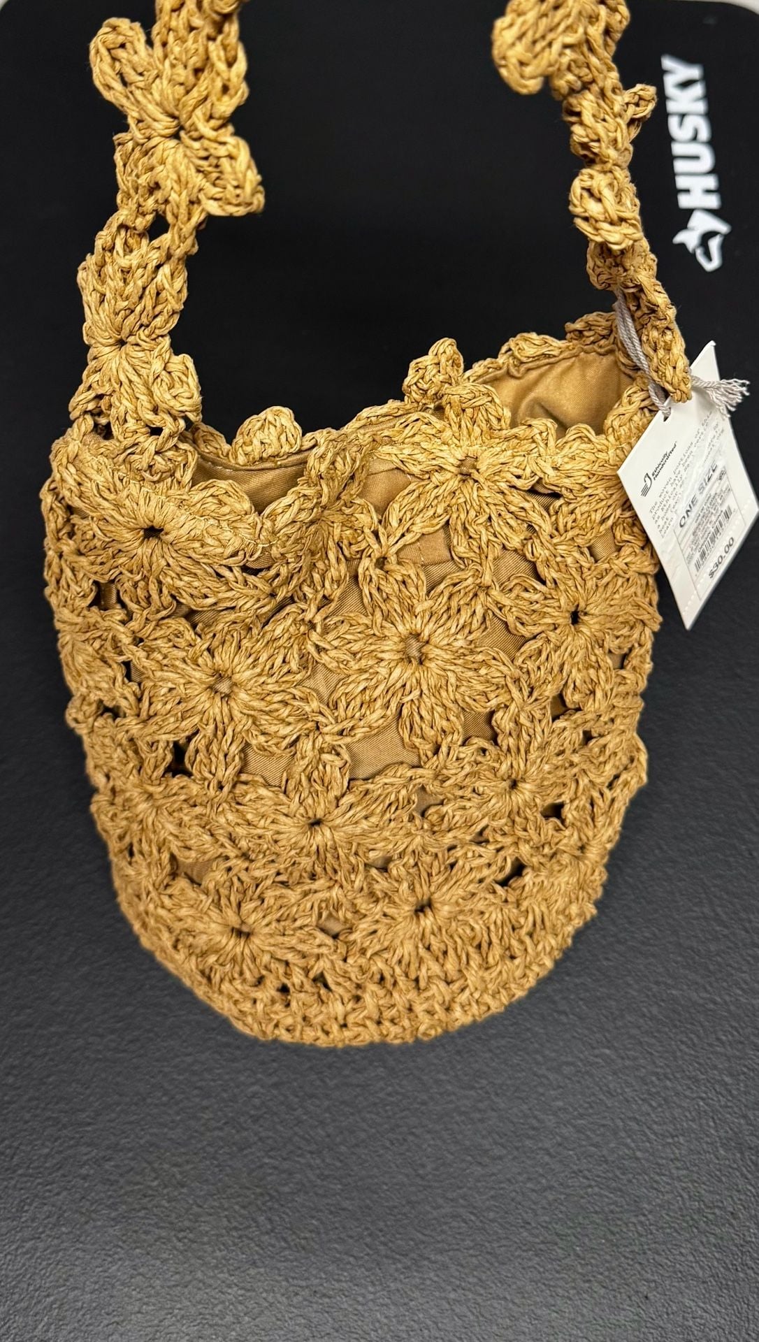 B3 A New Day Floral Crochet Straw Shoulder Bag Beige NWT 2