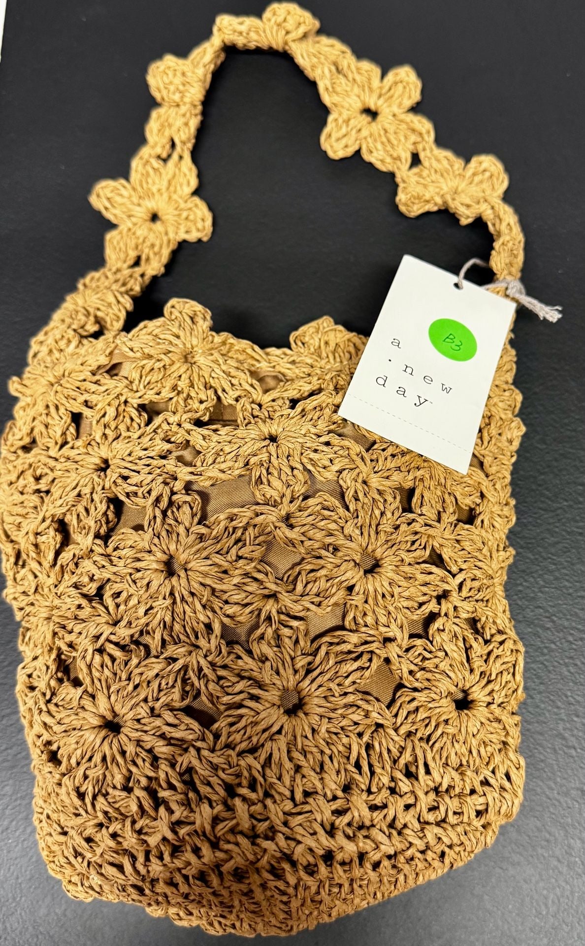 B3 A New Day Floral Crochet Straw Shoulder Bag Beige NWT 6