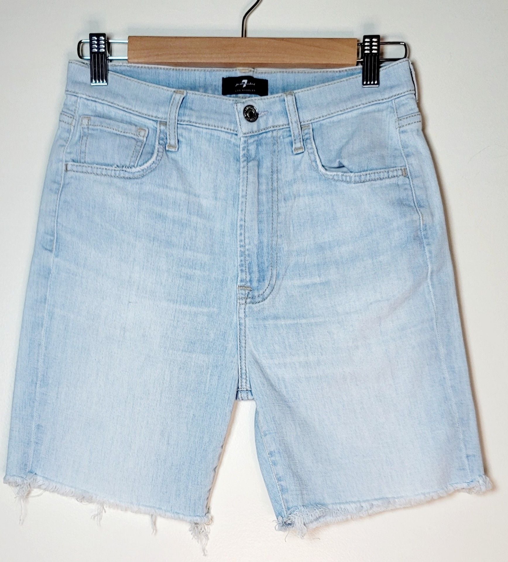 7 For All Mankind Bike Short Size 27 Light Wash Raw Hem Denim 2