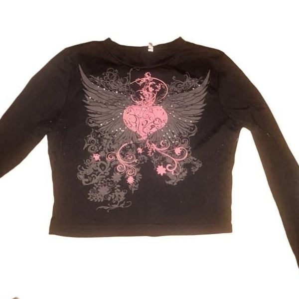 Hot Topic Y2K Cropped Long Sleeve Black Graphic Top Rhinestone Wings