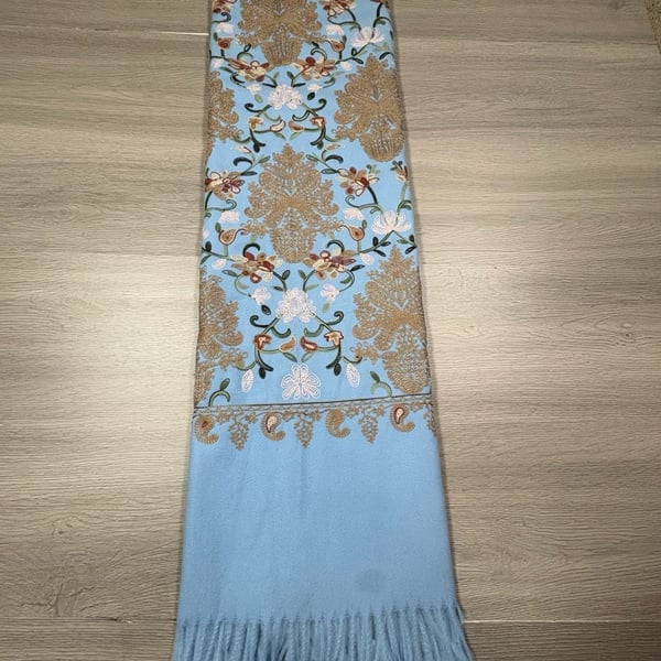 Cashmere Scarf Light Blue Floral Embroidered Wool Fringe