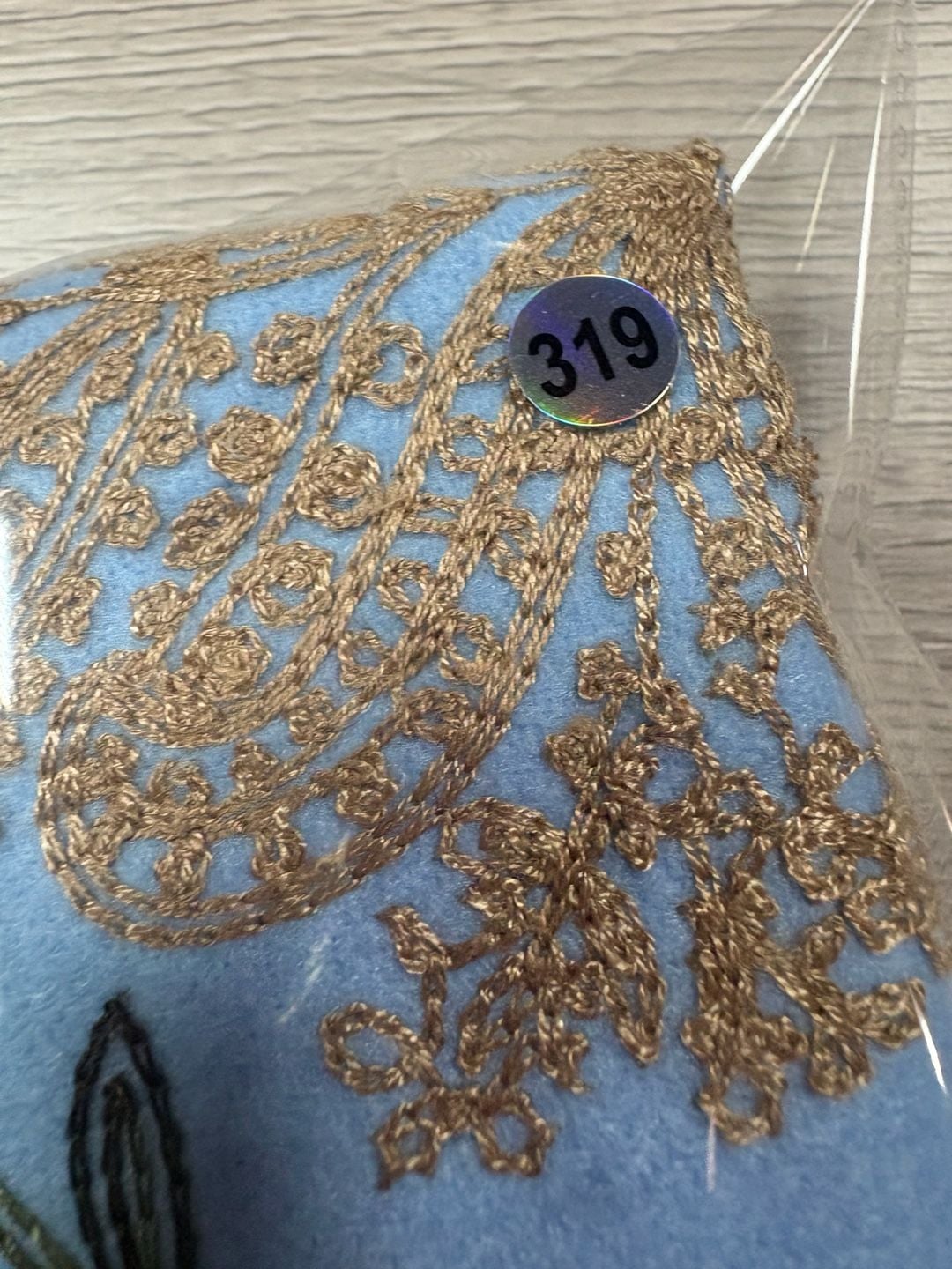 Cashmere Scarf Light Blue Floral Embroidered Wool Fringe 7
