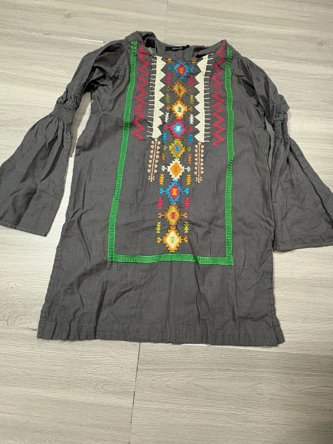 Khaadi Embroidered Tunic Size 8 Gray Long Sleeve Boho Dress 2