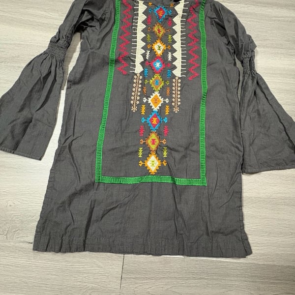 Khaadi Embroidered Tunic Size 8 Gray Long Sleeve Boho Dress