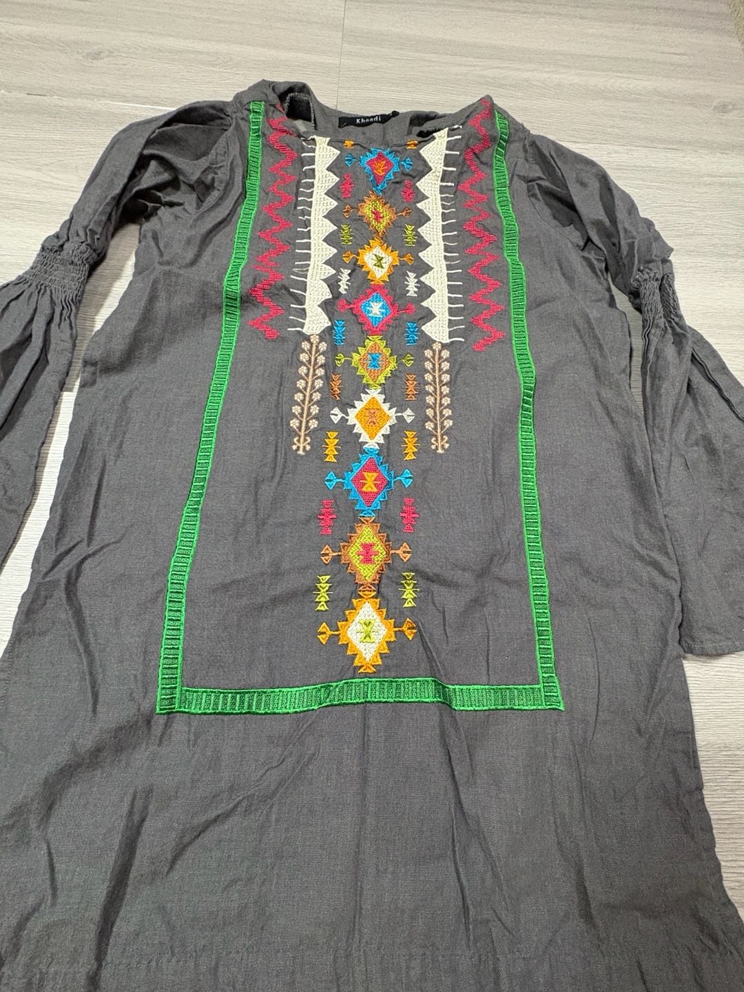 Khaadi Embroidered Tunic Size 8 Gray Long Sleeve Boho Dress 3
